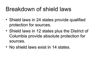 Breakdown of shield laws
• Shield laws in 24 states provide qualified
  protection for sources.
• Shield laws in 12 states plus the District of
  Columbia provide absolute protection for
  sources.
• No shield laws exist in 14 states.
 
