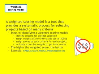 <ul><li>A weighted scoring model is a tool that provides a systematic process for selecting projects based on many criteri...