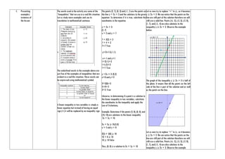 C. Presenting
examples/
instances of
the lesson
The words used in the activity are some of the
“Inequalities” that we use in a real life situation.
Let us study more examples and see its
translation in mathematical sentence.
The underlined words in the example above are
just few of the examples of inequalities that are
evident in a real life situation. These words can
be expressed using mathematical symbol.
A linear inequality in two variables is simply a
linear equation but instead of having an equal
sign (=) it will be replaced by an inequality sign.
The points (2, 7), (0, 3) and (-1, 1) are the points on
the line y = 2x + 3 and the solutions to the given
equation. To determine if it is true, substitute the
coordinates in the equation.
y = 2x + 3:
(2, 7)
x = 2 and y = 7
7 = 2(2) + 3
7 = 4 + 3
7=7 True
y=2x+3;(-1,1)
x=-1 and y=1
1=2(-1)+3
1=(-2)+3
1=1 True
y =2x + 3: (0,3)
x=0 and y=3
3=2(0)+3
3=0+3
3=3 True
Likewise, in determining if a point is a solution to
the linear inequality in two variables, substitute
the coordinates to the inequality and apply the
Law of Trichotomy.
Example: Determine if the points (5, 8), (0, 0), and
(10, 10) are solutions to the linear inequality
2x + 5y > 10.
2x + 5y ≥ 10;(5,0)
x = 5 and y = 0
2(5) + 5(0) ≥ 10
10 + 0 ≥ 10
10 ≥ 10 False
Thus, (0, 0) is a solution to 2x + 5y > 10
Let us now try to replace “=” to ≥, so it becomes
y ≥ 2x + 3. We can notice that the points on the
line are still part of the solution therefore we will
still use a solid line. Points (-6, -2), (-3, 3), (-2, 0),
(1, 7), and (-5, -4) are also solutions to the
inequality y ≥ 2x + 3. Observe the example
below:
The graph of the inequality y ≥ 2x + 3 is half of
the plane. It means that all the points on the left
side of the line is part of the solution and as well
as the points on the line.
Let us now try to replace “=” to ≥, so it becomes
y ≥ 2x + 3. We can notice that the points on the
line are still part of the solution therefore we will
still use a solid line. Points (-6, -2), (-3, 3), (-2, 0),
(1, 7), and (-5, -4) are also solutions to the
inequality y ≥ 2x + 3. Observe the example
 