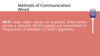 Methods of Communication:
Wired
Wi-Fi uses radio waves to transmit information
across a network. Wi-Fi's signals are transmitted in
frequencies of between 2.5 and 5 gigahertz.
 