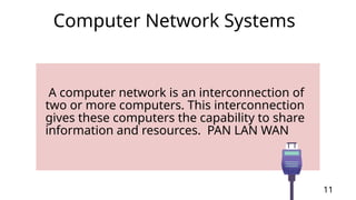 A computer network is an interconnection of
two or more computers. This interconnection
gives these computers the capability to share
information and resources. PAN LAN WAN
11
Computer Network Systems
 