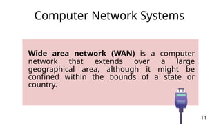 Wide area network (WAN) is a computer
network that extends over a large
geographical area, although it might be
confined within the bounds of a state or
country.
11
Computer Network Systems
 