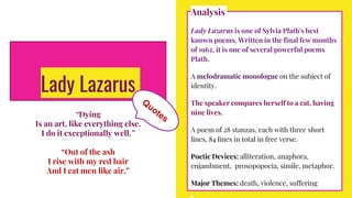 Lady Lazarus
“Dying
Is an art, like everything else.
I do it exceptionally well.”
“Out of the ash
I rise with my red hair
And I eat men like air.”
Analysis
Lady Lazarus is one of Sylvia Plath's best
known poems. Written in the final few months
of 1962, it is one of several powerful poems
Plath.
A melodramatic monologue on the subject of
identity.
The speaker compares herself to a cat, having
nine lives.
A poem of 28 stanzas, each with three short
lines, 84 lines in total in free verse.
Poetic Devices: alliteration, anaphora,
enjambment, prosopopoeia, simile, metaphor.
Major Themes: death, violence, suffering
 