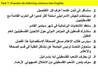 .1
‫التفاصيل‬ ‫كل‬ ‫أعرف‬ ‫عندما‬ ‫لندن‬ ‫إلى‬ ‫سأسافر‬
.
.2
‫ال‬ ‫الحرب‬ ‫في‬ ‫تدميرا‬ ‫أكثر‬ ‫أسلحة‬ ‫االسرائيلي‬ ‫الجيش‬ ‫سيستخدم‬
‫مع‬ ‫قادمة‬
‫الفلسطينيين‬
.
.3
‫القادم‬ ‫سبتمبر‬ ‫شهر‬ ‫في‬ ‫البرلمانية‬ ‫االنتخابات‬ ‫ستعقد‬
.
.4
‫الفلسطي‬ ‫الالجئين‬ ‫حول‬ ‫الدولي‬ ‫المؤتمر‬ ‫في‬ ‫فلسطين‬ ‫ستشارك‬
‫العام‬ ‫نيين‬
‫المقبل‬
.
.5
‫الفصل‬ ‫هذا‬ ‫االستقصائية‬ ‫الصحافة‬ ‫مساق‬ ‫اإلعالم‬ ‫طالب‬ ‫سيدرس‬
.
.6
‫الص‬ ‫قسم‬ ‫في‬ ‫الطلبة‬ ‫مشاكل‬ ‫عن‬ ‫الجامعة‬ ‫لرئيس‬ ‫التحدث‬ ‫سنحاول‬
‫حافة‬
‫واالعالم‬
.
.7
‫بإسرائيل‬ ‫أبدا‬ ‫الفلسطيني‬ ‫الشعب‬ ‫يعترف‬ ‫لن‬
.
.8
‫ألرض‬ ‫الصهيوني‬ ‫االحتالل‬ ‫من‬ ‫الفلسطيني‬ ‫الشعب‬ ‫يتحرر‬ ‫سوف‬
‫ه‬
.
Task 7: Translate the following sentences into English:
 