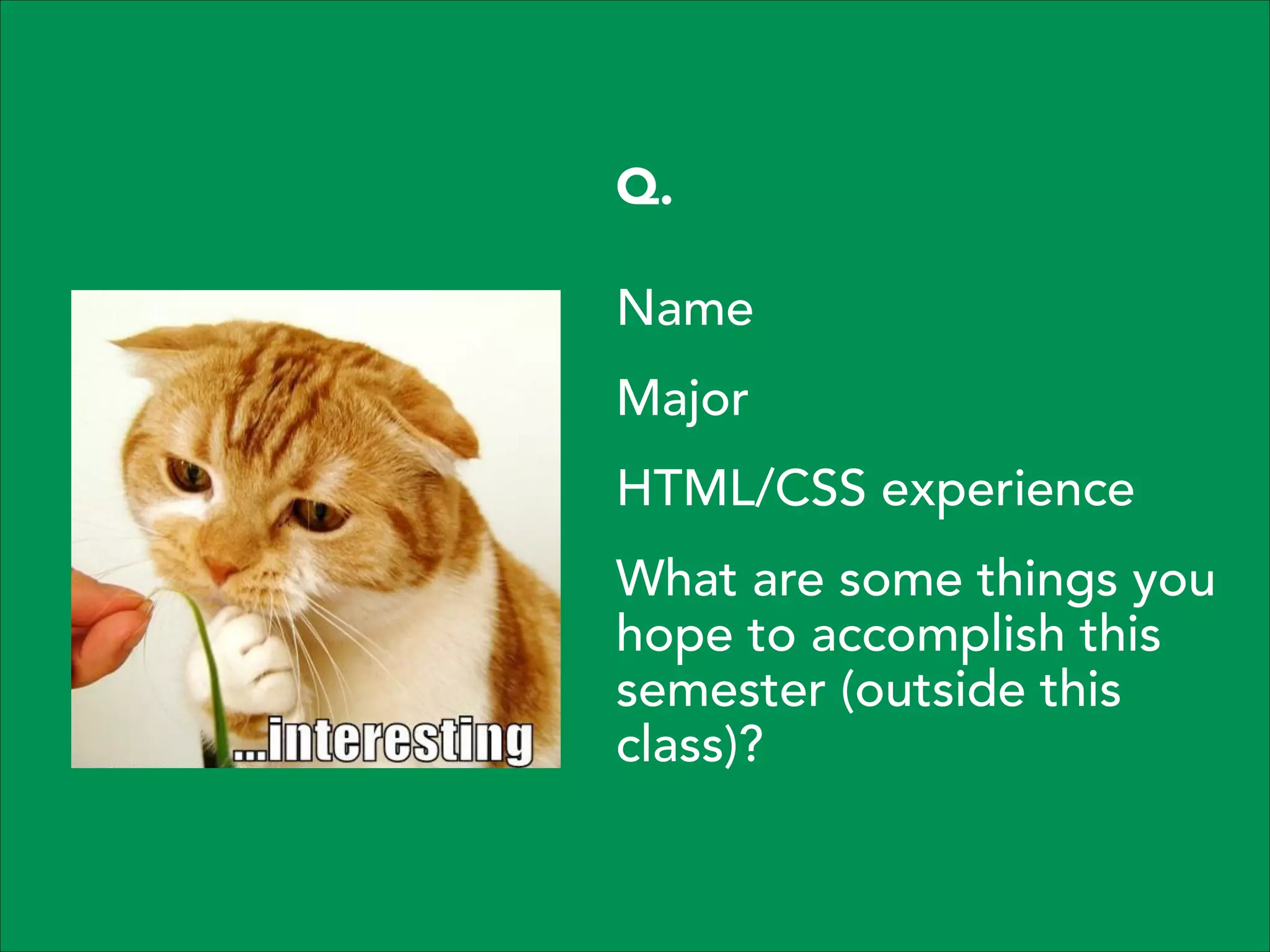 Q.
Name
Major
HTML/CSS experience
What are some things you
hope to accomplish this
semester (outside this
class)?

 