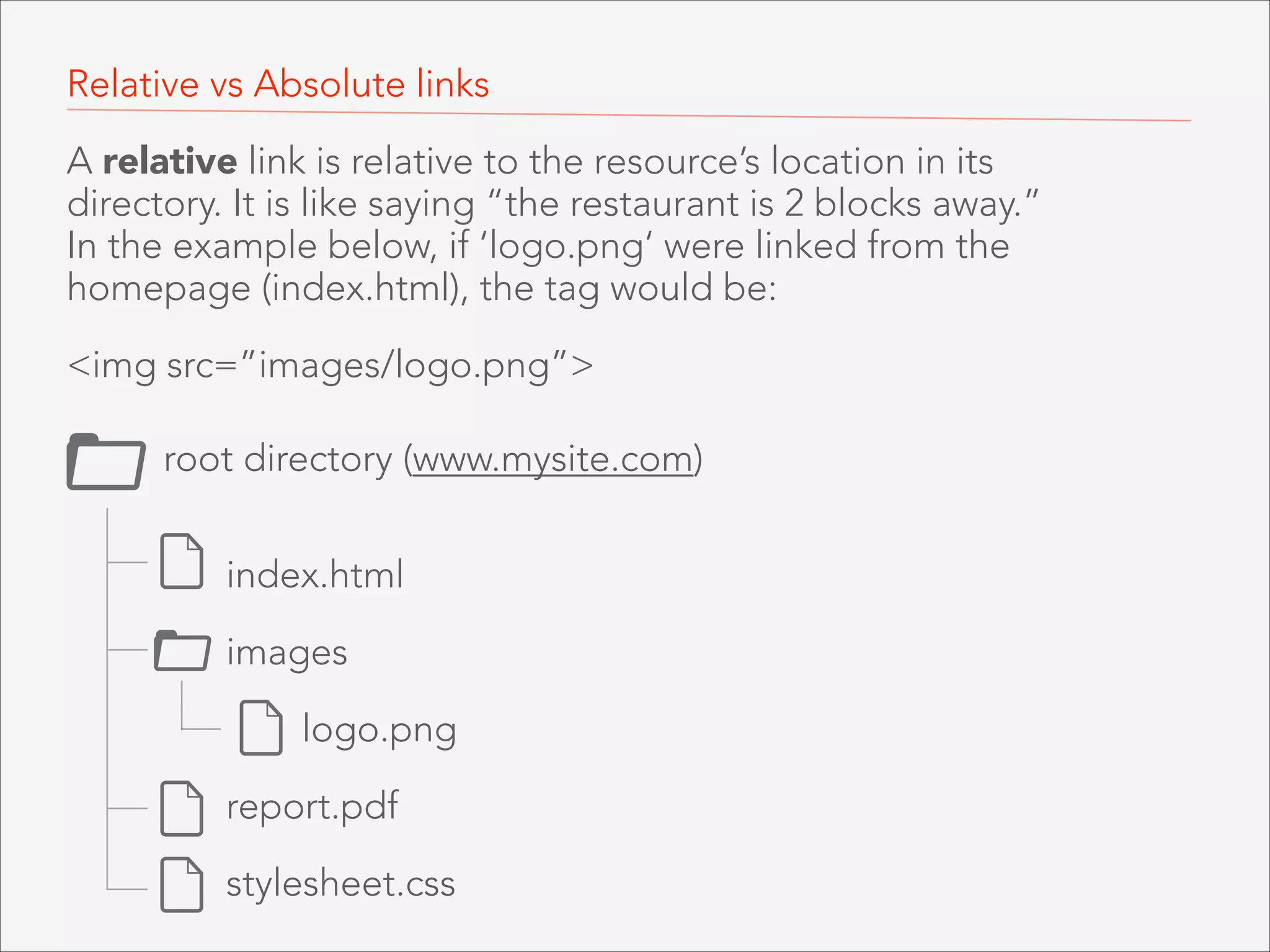 EXAMPLE 

<a href="aboutme.html">About Me</a> 
<a href="http://www.colum.edu">My school</a> 

<a> tags are always used in pairs,
wrapping the content you want to activate
as a link. If you use an absolute URL, it
must start with “http://”.

 