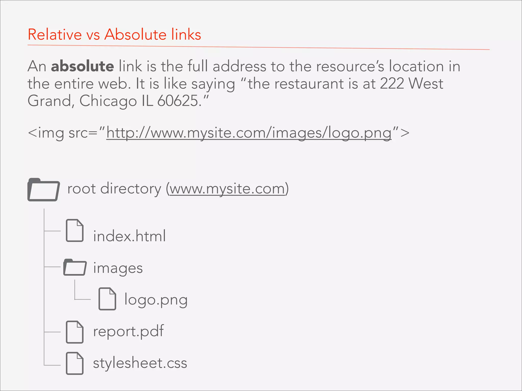 Relative vs Absolute links
Whenever you link to a file with an ‘href‘ (hypertext reference )
or ‘src’ (source) attribute, you are providing the browser and
address to the resource. That address can be relative or
absolute. 
root directory (www.mysite.com)
index.html
images
logo.png
report.pdf
stylesheet.css

!

 