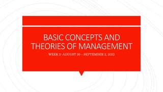 BASIC CONCEPTS AND
THEORIES OF MANAGEMENT
WEEK 2- AUGUST 30 – SEPTEMBER 2, 2022
 
