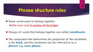 14
Phrase structure rules
 Some words seem to belong together:
{The crazy man} {is jumping off the bridge}
 Groups of words that belong together are called constituents
 The component that determines the properties of the constituent
is the head, and the constituent can be referred to as a
phrase: e.g. noun phrase.
 