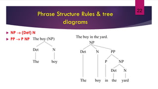 22
Phrase Structure Rules & tree
diagrams
 NP  (Det) N
 PP  P NP The boy (NP)
The
NDet
boy
The boy in the yard.
NP
The
NDet
boy
PP
in
NPP
the
Det N
yard
 
