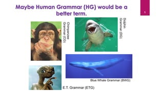 5
Maybe Human Grammar (HG) would be a
better term.
Chimpanzee
Grammar(CG)
Dolphin
Grammar(DG)
Blue Whale Grammar (BWG)
E.T. Grammar (ETG)
 