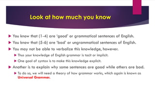 Look at how much you know
 You know that (1-4) are ‘good’ or grammatical sentences of English.
 You know that (5-6) are ‘bad’ or ungrammatical sentences of English.
 You may not be able to verbalize this knowledge, however.
 Thus your knowledge of English grammar is tacit or implicit.
 One goal of syntax is to make this knowledge explicit.
 Another is to explain why some sentences are good while others are bad.
 To do so, we will need a theory of how grammar works, which again is known as
Universal Grammar.
 