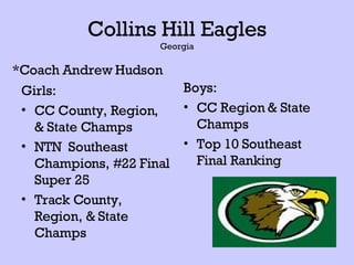 Collins Hill Eagles Georgia Girls: CC County, Region, & State Champs NTN  Southeast Champions, #22 Final Super 25 Track County, Region, & State Champs Boys: CC Region & State Champs Top 10 Southeast Final Ranking *Coach Andrew Hudson 