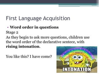 First Language Acquisition
• Word order in questions
Stage 2
As they begin to ask more questions, children use
the word order of the declarative sentece, with
rising intonation.
You like this? I have come?
 