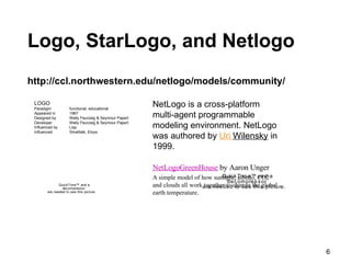 Logo, StarLogo, and Netlogo http://ccl.northwestern.edu/netlogo/models/community/ NetLogo is a cross-platform multi-agent programmable modeling environment. NetLogo was authored by  Uri  Wilensky  in 1999. NetLogoGreenHouse  by Aaron Unger  A simple model of how sunlight, albedo, CO2 and clouds all work together to change the global earth temperature. LOGO Paradigm functional, educational Appeared in 1967 Designed by Wally Feurzeig & Seymour Papert Developer Wally Feurzeig & Seymour Papert Influenced by Lisp Influenced Smalltalk, Etoys 