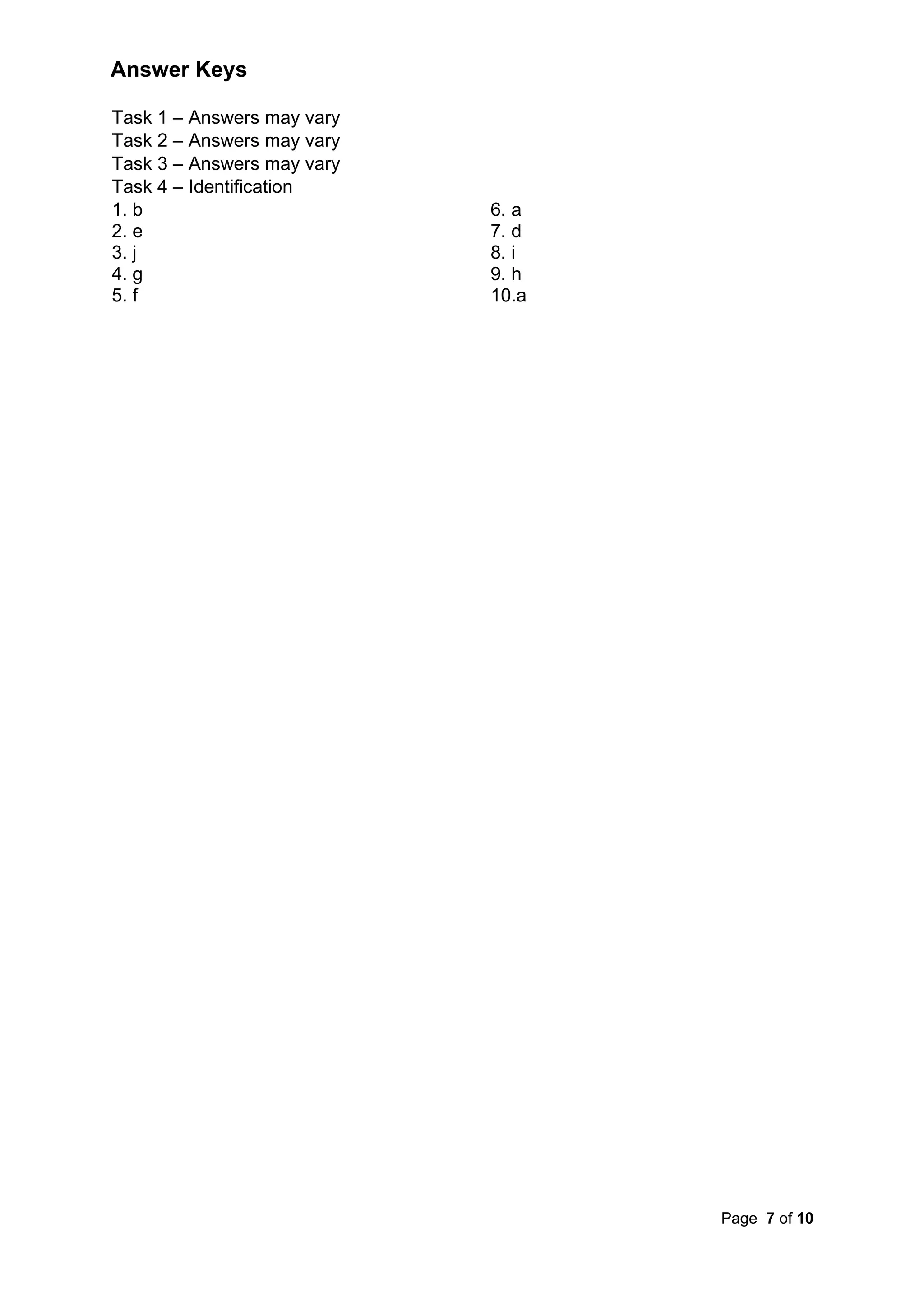 Page 7 of 10
Answer Keys
Task 1 – Answers may vary
Task 2 – Answers may vary
Task 3 – Answers may vary
Task 4 – Identification
1. b
2. e
3. j
4. g
5. f
6. a
7. d
8. i
9. h
10.a
 
