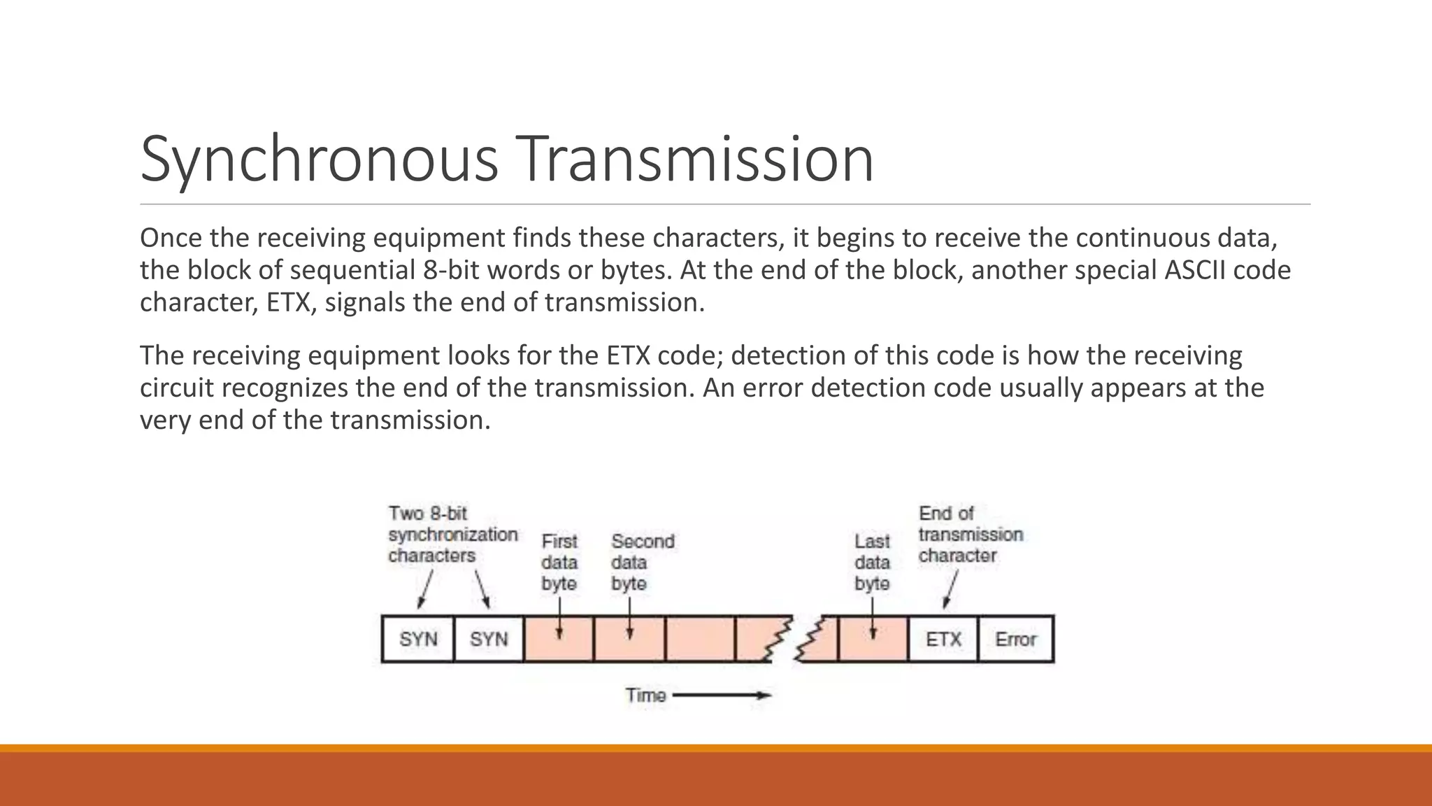Synchronous Transmission
Once the receiving equipment finds these characters, it begins to receive the continuous data,
the block of sequential 8-bit words or bytes. At the end of the block, another special ASCII code
character, ETX, signals the end of transmission.
The receiving equipment looks for the ETX code; detection of this code is how the receiving
circuit recognizes the end of the transmission. An error detection code usually appears at the
very end of the transmission.
 