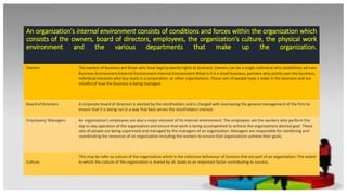 An organization’s internal environment consists of conditions and forces within the organization which
consists of the owners, board of directors, employees, the organization’s culture, the physical work
environment and the various departments that make up the organization.
Owners The owners of business are those who have legal property rights to business. Owners can be a single individual who establishes ad runs
Business Environment External Environment Internal Environment What is It 4 a small business, partners who jointly own the business,
individual investors who buy stock in a corporation, or other organizations. These sets of people have a stake in the business and are
mindful of how the business is being managed.
Board of Directors A corporate board of directors is elected by the stockholders and is charged with overseeing the general management of the firm to
ensure that it is being run in a way that best serves the stockholders interest.
Employees/ Managers An organization’s employees are also a major element of its internal environment. The employees are the workers who perform the
day to day operation of the organization and ensure that work is being accomplished to achieve the organizations desired goal. These
sets of people are being supervised and managed by the managers of an organization. Managers are responsible for combining and
coordinating the resources of an organization including the workers to ensure that organizations achieve their goals.
Culture
This may be refer as culture of the organization which is the collective behaviour of humans that are part of an organization. The extent
to which the culture of the organization is shared by all, leads to an important factor contributing to success.
 