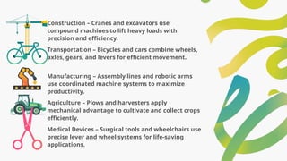 Construction – Cranes and excavators use
compound machines to lift heavy loads with
precision and efficiency.
Transportation – Bicycles and cars combine wheels,
axles, gears, and levers for efficient movement.
Manufacturing – Assembly lines and robotic arms
use coordinated machine systems to maximize
productivity.
Agriculture – Plows and harvesters apply
mechanical advantage to cultivate and collect crops
efficiently.
Medical Devices – Surgical tools and wheelchairs use
precise lever and wheel systems for life-saving
applications.
 