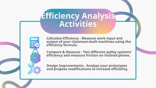 Efficiency Analysis
Activities
Compare & Measure - Test different pulley systems'
efficiency and measure friction on inclined planes.
Calculate Efficiency - Measure work input and
output of your classroom-built machines using the
efficiency formula.
Design Improvements - Analyze your prototypes
and propose modifications to increase efficiency.
 