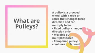 What are
Pulleys?
A pulley is a grooved
wheel with a rope or
cable that changes force
direction and can
multiply force.
• Fixed pulley: changes
direction only
• Movable pulley:
multiplies force
• Compound pulley:
combines both benefits
 