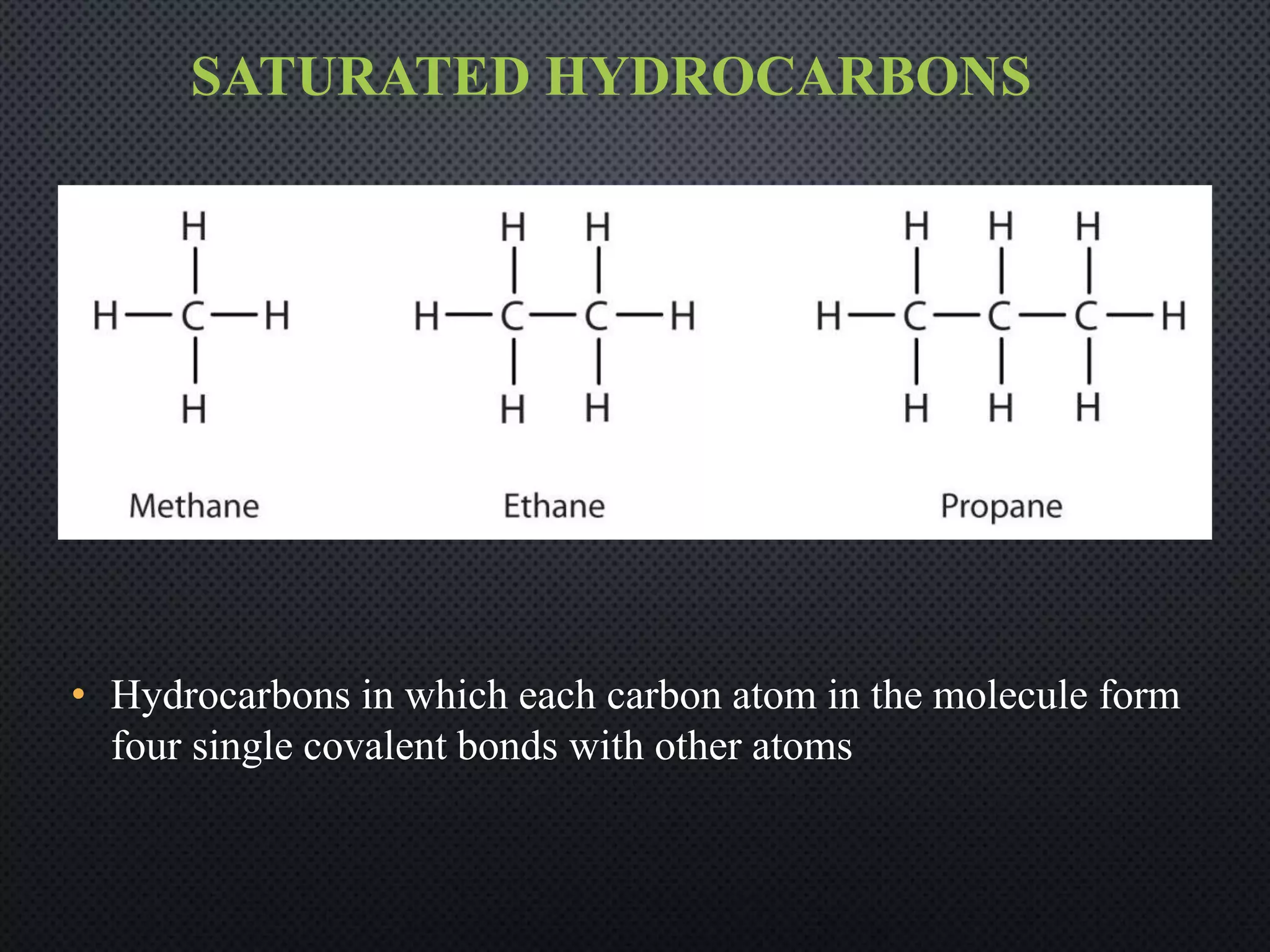 SATURATED HYDROCARBONS
• Hydrocarbons in which each carbon atom in the molecule form
four single covalent bonds with other atoms
 