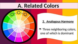 A. Related Colors
2. Analogous Harmony
 Three neighboring colors,
one of which is dominant
 