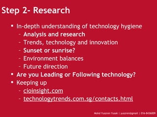 Step 2- Research In-depth understanding of technology hygiene Analysis and research Trends, technology and innovation Sunset or sunrise? Environment balances Future direction Are you Leading or Following technology? Keeping up  cioinsight.com technologytrends.com.sg/contacts.html 