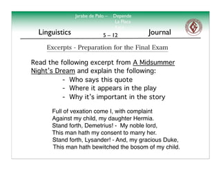 Jarabe de Palo –   Depende
                                    La Flaca
                                   Agua
  Linguistics                5 – 12            Journal


Read the following excerpt from A Midsummer
Night’s Dream and explain the following:
          - Who says this quote
          - Where it appears in the play
          - Why it’s important in the story

    
   Full of vexation come I, with complaint
    
   Against my child, my daughter Hermia.
    
   Stand forth, Demetrius! - My noble lord,
    
   This man hath my consent to marry her.
        Stand forth, Lysander! - And, my gracious Duke,
        This man hath bewitched the bosom of my child.
 
