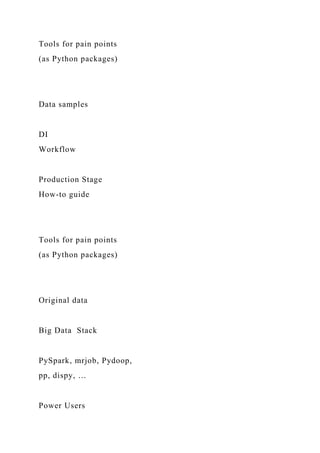 Tools for pain points
(as Python packages)
Data samples
DI
Workflow
Production Stage
How-to guide
Tools for pain points
(as Python packages)
Original data
Big Data Stack
PySpark, mrjob, Pydoop,
pp, dispy, …
Power Users
 