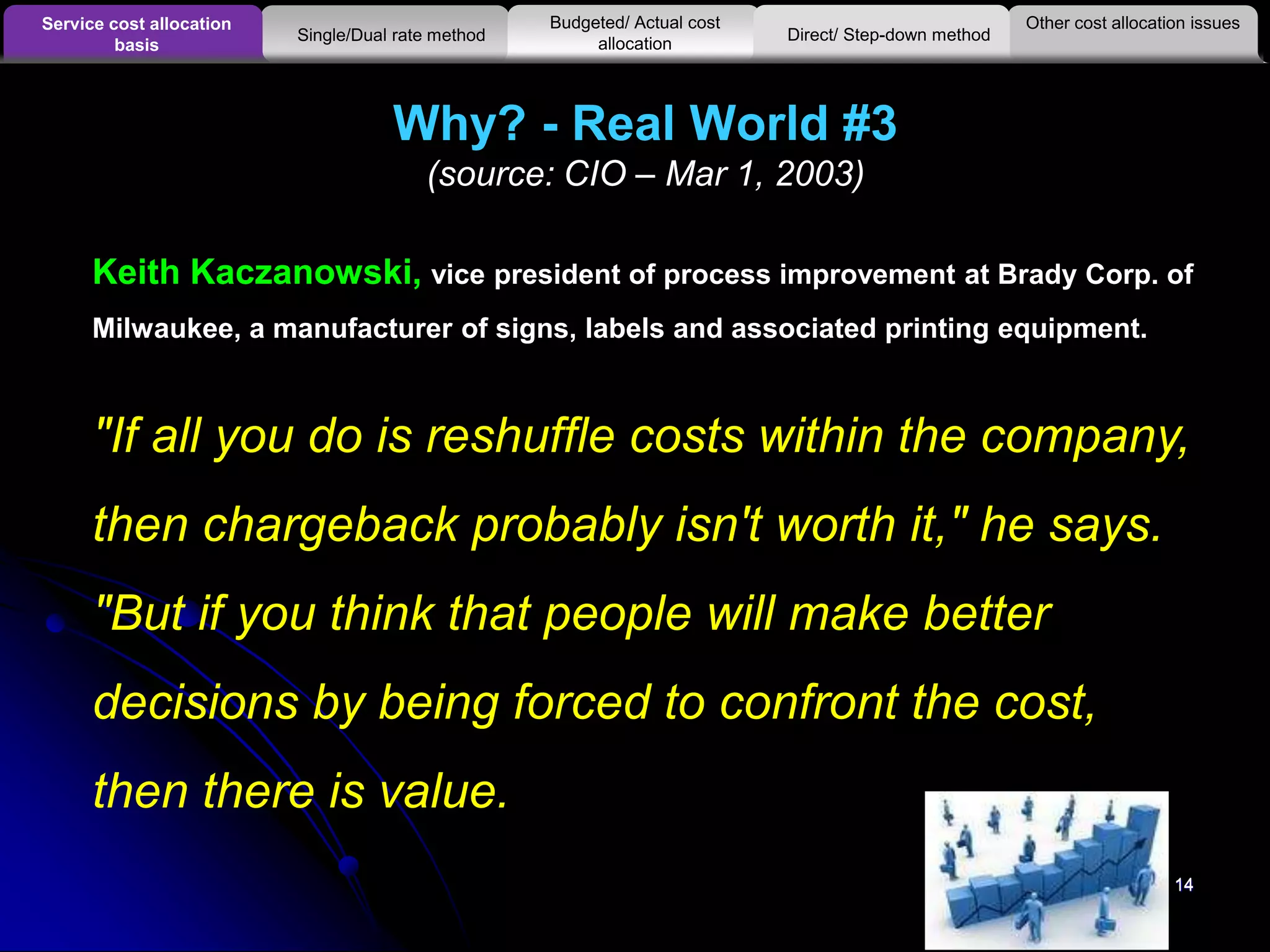 14
Why? - Real World #3
(source: CIO – Mar 1, 2003)
14
Keith Kaczanowski, vice president of process improvement at Brady Corp. of
Milwaukee, a manufacturer of signs, labels and associated printing equipment.
"If all you do is reshuffle costs within the company,
then chargeback probably isn't worth it," he says.
"But if you think that people will make better
decisions by being forced to confront the cost,
then there is value.
Other cost allocation issuesService cost allocation
basis
Budgeted/ Actual cost
allocationSingle/Dual rate method Direct/ Step-down method
 
