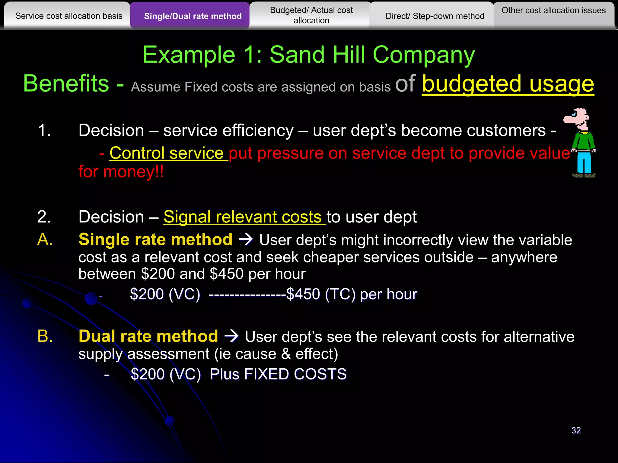 Example 1: Sand Hill Company
Benefits - Assume Fixed costs are assigned on basis of budgeted usage
1. Decision – service efficiency – user dept’s become customers -
- Control service put pressure on service dept to provide value
for money!!
2. Decision – Signal relevant costs to user dept
A. Single rate method  User dept’s might incorrectly view the variable
cost as a relevant cost and seek cheaper services outside – anywhere
between $200 and $450 per hour
- $200 (VC) ---------------$450 (TC) per hour
B. Dual rate method  User dept’s see the relevant costs for alternative
supply assessment (ie cause & effect)
- $200 (VC) Plus FIXED COSTS
Other cost allocation issues
Service cost allocation basis
Budgeted/ Actual cost
allocationSingle/Dual rate method Direct/ Step-down method
32
 