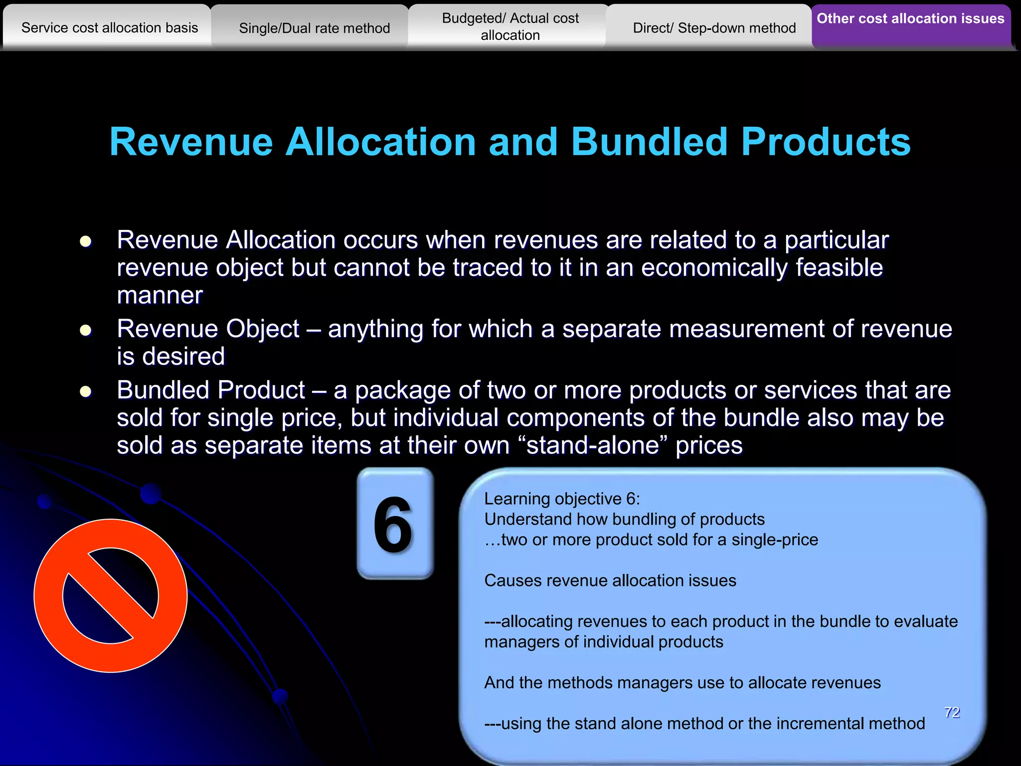 Revenue Allocation and Bundled Products
 Revenue Allocation occurs when revenues are related to a particular
revenue object but cannot be traced to it in an economically feasible
manner
 Revenue Object – anything for which a separate measurement of revenue
is desired
 Bundled Product – a package of two or more products or services that are
sold for single price, but individual components of the bundle also may be
sold as separate items at their own “stand-alone” prices
Other cost allocation issues
Service cost allocation basis
Budgeted/ Actual cost
allocationSingle/Dual rate method Direct/ Step-down method
Learning objective 6:
Understand how bundling of products
…two or more product sold for a single-price
Causes revenue allocation issues
---allocating revenues to each product in the bundle to evaluate
managers of individual products
And the methods managers use to allocate revenues
---using the stand alone method or the incremental method
6
72
 