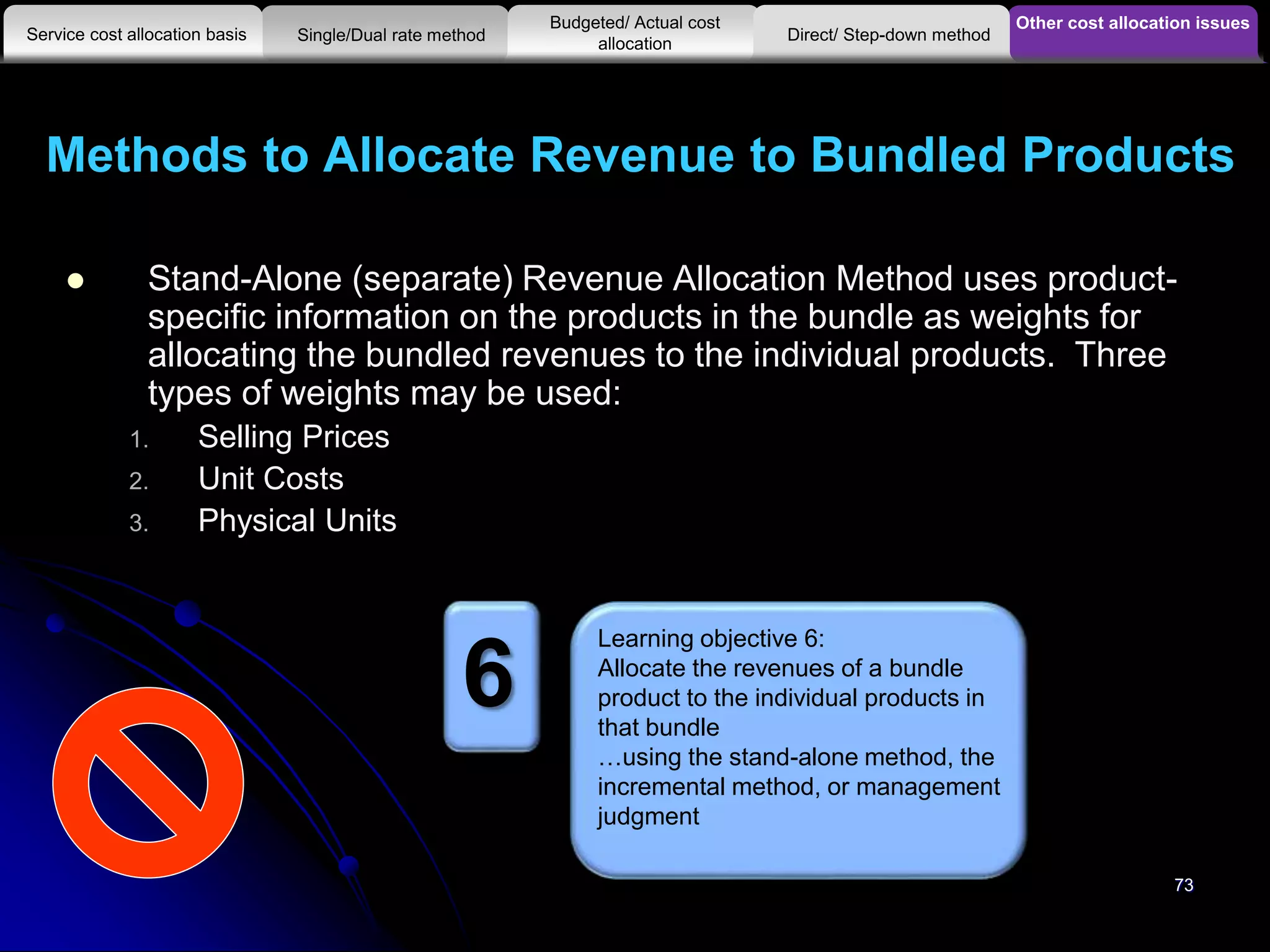 Methods to Allocate Revenue to Bundled Products
 Stand-Alone (separate) Revenue Allocation Method uses product-
specific information on the products in the bundle as weights for
allocating the bundled revenues to the individual products. Three
types of weights may be used:
1. Selling Prices
2. Unit Costs
3. Physical Units
Other cost allocation issues
Service cost allocation basis
Budgeted/ Actual cost
allocationSingle/Dual rate method Direct/ Step-down method
Learning objective 6:
Allocate the revenues of a bundle
product to the individual products in
that bundle
…using the stand-alone method, the
incremental method, or management
judgment
6
73
 