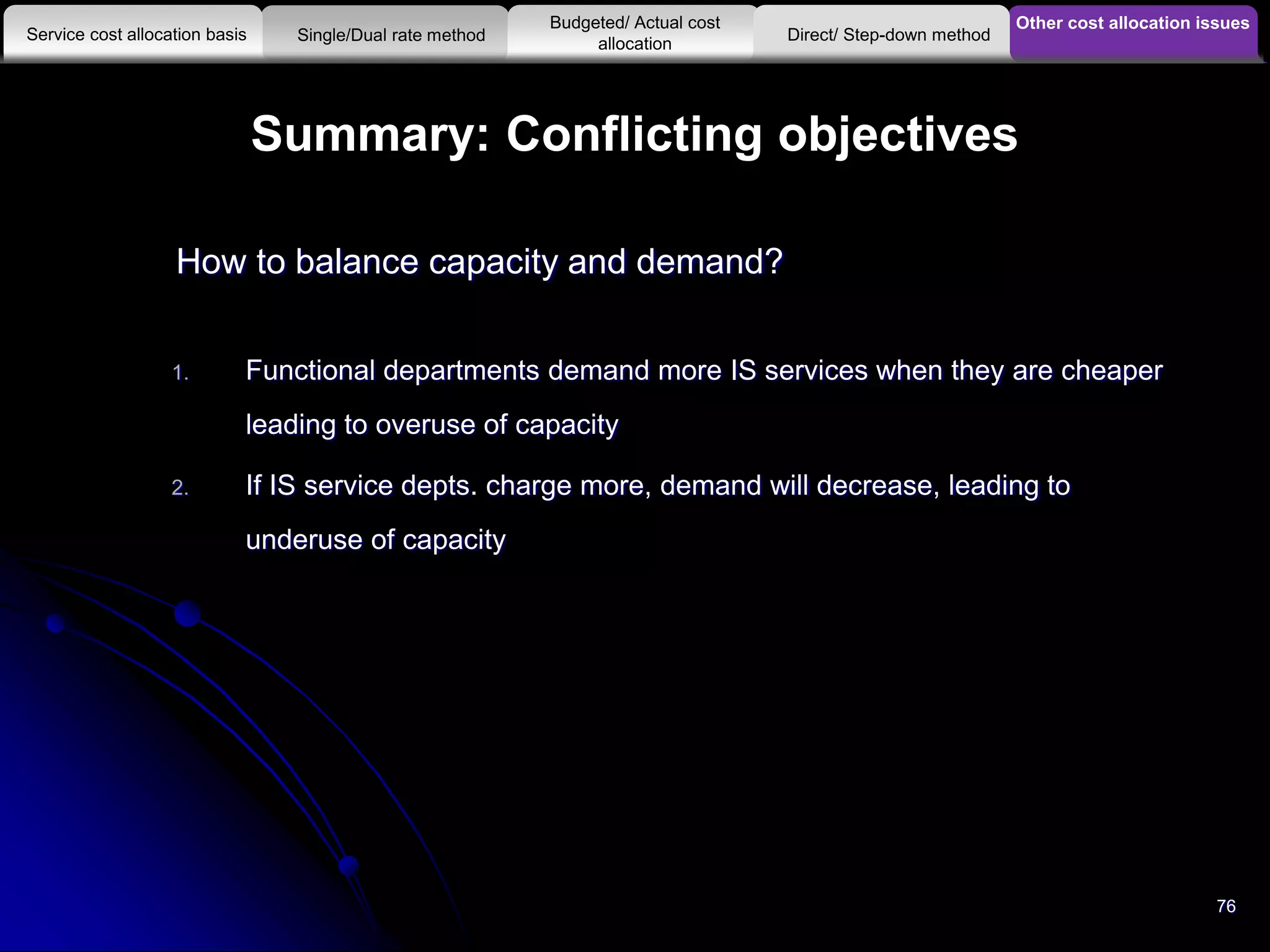 76
Summary: Conflicting objectives
How to balance capacity and demand?
1. Functional departments demand more IS services when they are cheaper
leading to overuse of capacity
2. If IS service depts. charge more, demand will decrease, leading to
underuse of capacity
Other cost allocation issues
Service cost allocation basis
Budgeted/ Actual cost
allocationSingle/Dual rate method Direct/ Step-down method
 