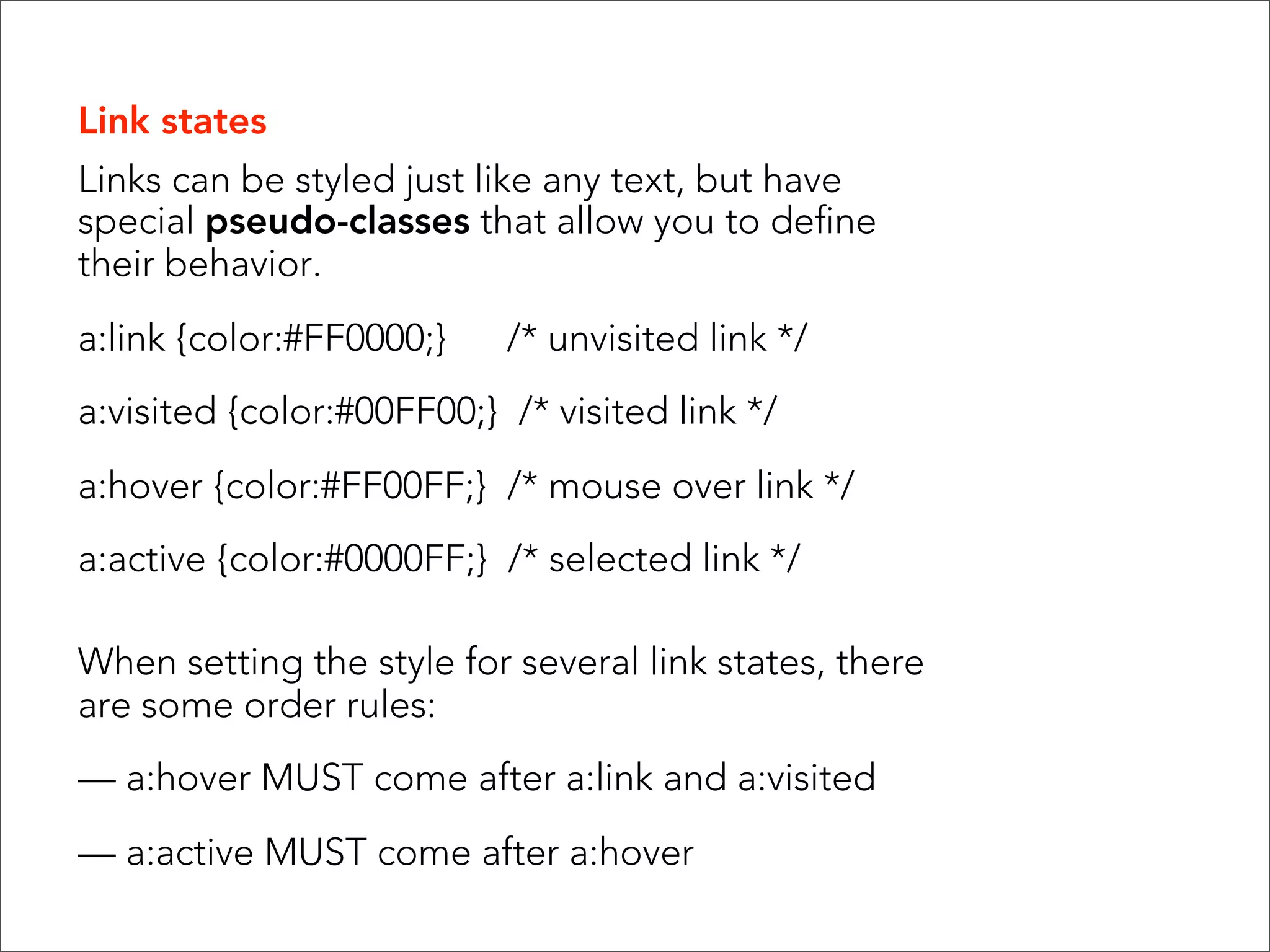 Inheritance  Most elements will inherit many style properties from their parent elements by default. A parent is a containing element of a child. HTML "   <body>  <div>  <ul>  <li></li>  </ul>  </div>  </body>  relationship " parent of site" parent of ul and li, child of body" parent of li, child of div and body" child of ul, div, and body"       ! 