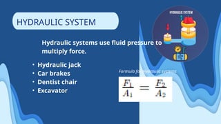 Hydraulic systems use fluid pressure to
multiply force.
HYDRAULIC SYSTEM
• Hydraulic jack
• Car brakes
• Dentist chair
• Excavator
Formula for Hydraulic systems
 