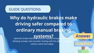 Why do hydraulic brakes make
driving safer compared to
ordinary manual braking
systems?
Hydraulic brakes distribute pressure equally through brake fluid,
allowing stronger and smoother braking with less effort, improving
vehicle control and safety.
GUIDE QUESTIONS
 