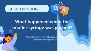 What happened when the
smaller syringe was pushed?
The larger syringe moved because pressure was
transmitted through the fluid.
GUIDE QUESTIONS
 