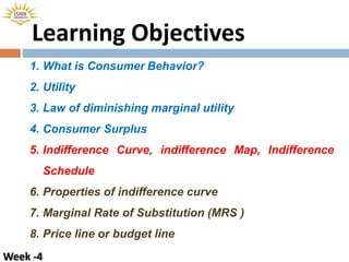 Learning Objectives
Week -4
1. What is Consumer Behavior?
2. Utility
3. Law of diminishing marginal utility
4. Consumer Surplus
5. Indifference Curve, indifference Map, Indifference
Schedule
6. Properties of indifference curve
7. Marginal Rate of Substitution (MRS )
8. Price line or budget line
 