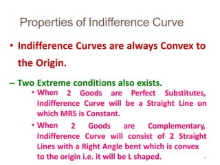 35
Properties of Indifference Curve
• Indifference Curves are always Convex to
the Origin.
– Two Extreme conditions also exists.
• When 2 Goods are Perfect Substitutes,
Indifference Curve will be a Straight Line on
which MRS is Constant.
• When 2 Goods are Complementary,
Indifference Curve will consist of 2 Straight
Lines with a Right Angle bent which is convex
to the origin i.e. it will be L shaped.
 