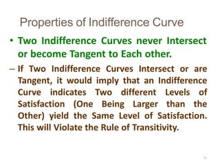 36
Properties of Indifference Curve
• Two Indifference Curves never Intersect
or become Tangent to Each other.
– If Two Indifference Curves Intersect or are
Tangent, it would imply that an Indifference
Curve indicates Two different Levels of
Satisfaction (One Being Larger than the
Other) yield the Same Level of Satisfaction.
This will Violate the Rule of Transitivity.
 