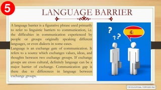 A language barrier is a figurative phrase used primarily
to refer to linguistic barriers to communication, i.e.
the difficulties in communication experienced by
people or groups originally speaking different
languages, or even dialects in some cases.
Language is an exchange gate of communication. It
refers to a source which exchanges values, ideas, and
thoughts between two exchange groups. If exchange
groups are cross cultural, definitely language can be a
major barrier of exchange. Communication gap is
there due to differences in language between
exchange groups.
LANGUAGE BARRIER
 