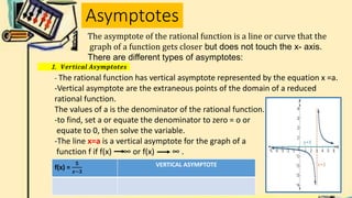 Asymptotes
The asymptote of the rational function is a line or curve that the
graph of a function gets closer but does not touch the x- axis.
There are different types of asymptotes:
1. 𝑽𝒆𝒓𝒕𝒊𝒄𝒂𝒍 𝑨𝒔𝒚𝒎𝒑𝒕𝒐𝒕𝒆𝒔
- The rational function has vertical asymptote represented by the equation x =a.
-Vertical asymptote are the extraneous points of the domain of a reduced
rational function.
The values of a is the denominator of the rational function.
-to find, set a or equate the denominator to zero = o or
equate to 0, then solve the variable.
-The line x=a is a vertical asymptote for the graph of a
function f if f(x) ∞ or f(x) ∞ .
f(x) =
𝟓
𝒙−𝟑
VERTICAL ASYMPTOTE
 