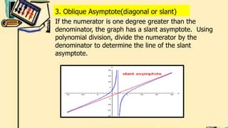 3. Oblique Asymptote(diagonal or slant)
If the numerator is one degree greater than the
denominator, the graph has a slant asymptote. Using
polynomial division, divide the numerator by the
denominator to determine the line of the slant
asymptote.
 