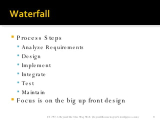Process Steps Analyze Requirements  Design Implement Integrate Test Maintain Focus is on the big up front design CS 292-1: Beyond the One Way Web  (beyondtheonewayweb.wordpress.com) 