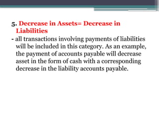 5. Decrease in Assets= Decrease in
Liabilities
- all transactions involving payments of liabilities
will be included in this category. As an example,
the payment of accounts payable will decrease
asset in the form of cash with a corresponding
decrease in the liability accounts payable.
 