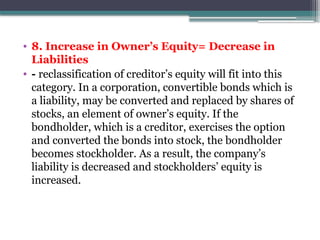 • 8. Increase in Owner’s Equity= Decrease in
Liabilities
• - reclassification of creditor’s equity will fit into this
category. In a corporation, convertible bonds which is
a liability, may be converted and replaced by shares of
stocks, an element of owner’s equity. If the
bondholder, which is a creditor, exercises the option
and converted the bonds into stock, the bondholder
becomes stockholder. As a result, the company’s
liability is decreased and stockholders’ equity is
increased.
 