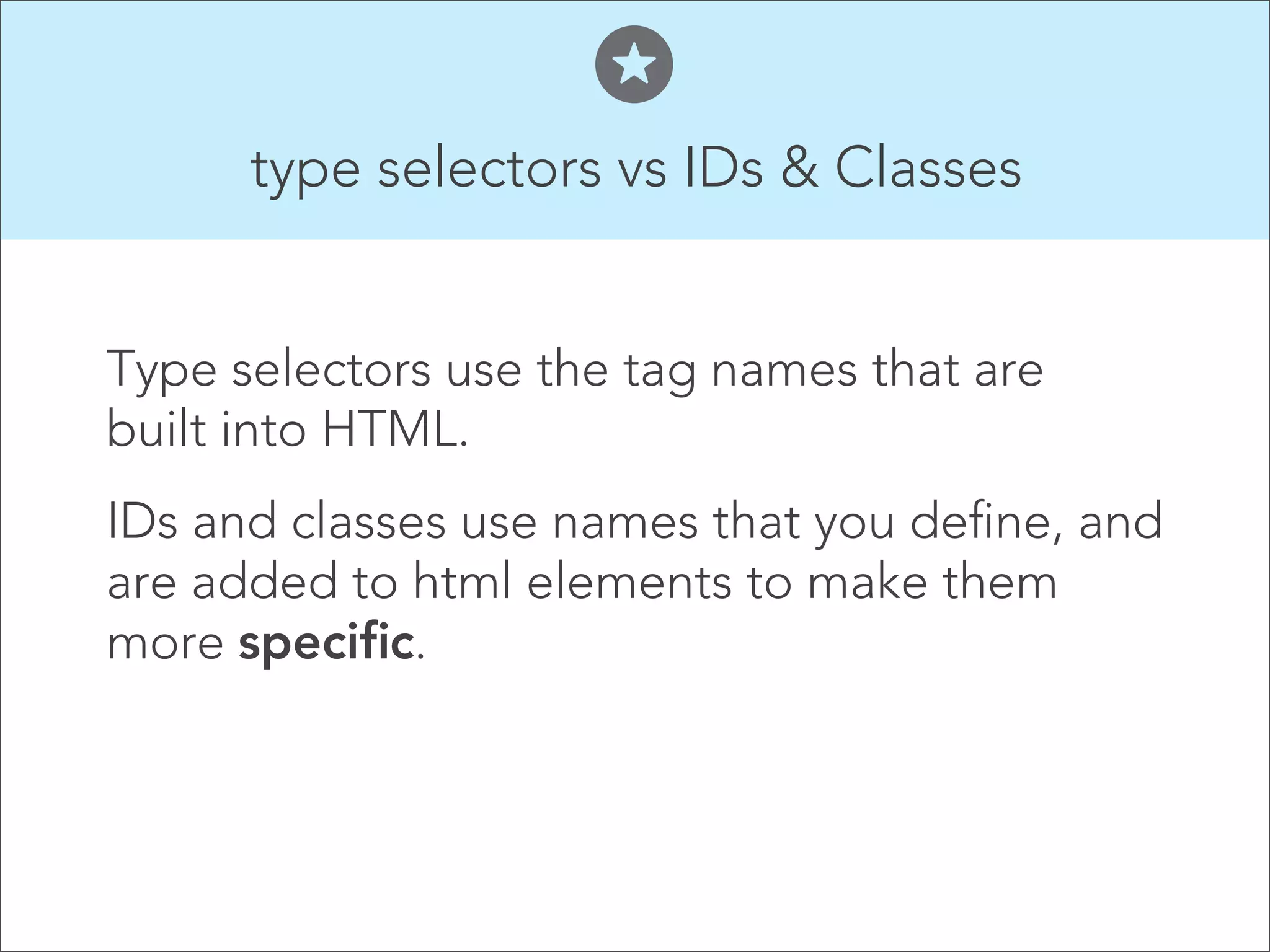type selectors vs IDs & Classes  Type selectors use the tag names that are built into HTML.   IDs and classes use names that you define, and are added to html elements to make them more specific.  
