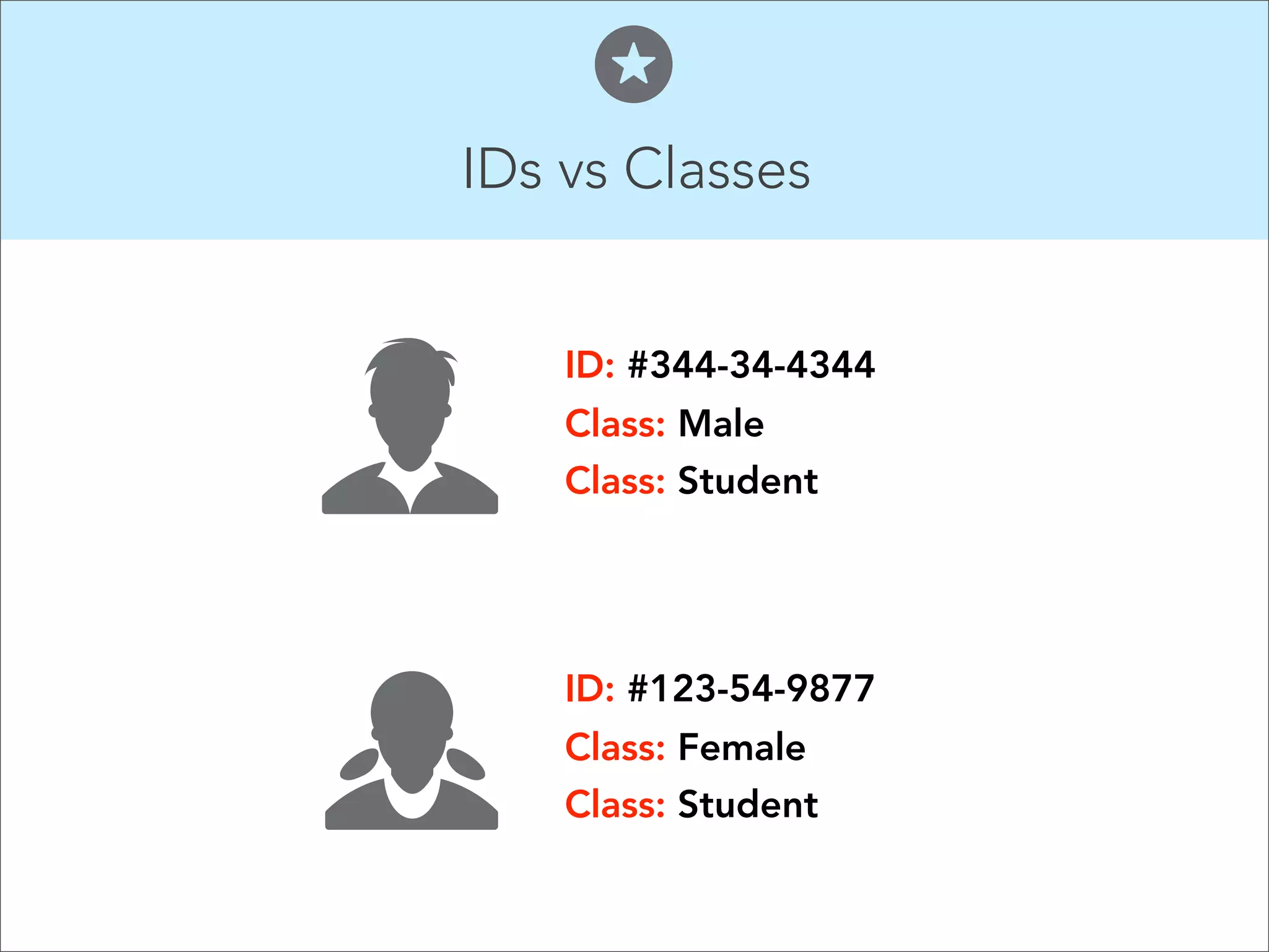 IDs vs Classes  ID: #344-34-4344 Class: Male Class: Student ID: #123-54-9877 Class: Female Class: Student 
